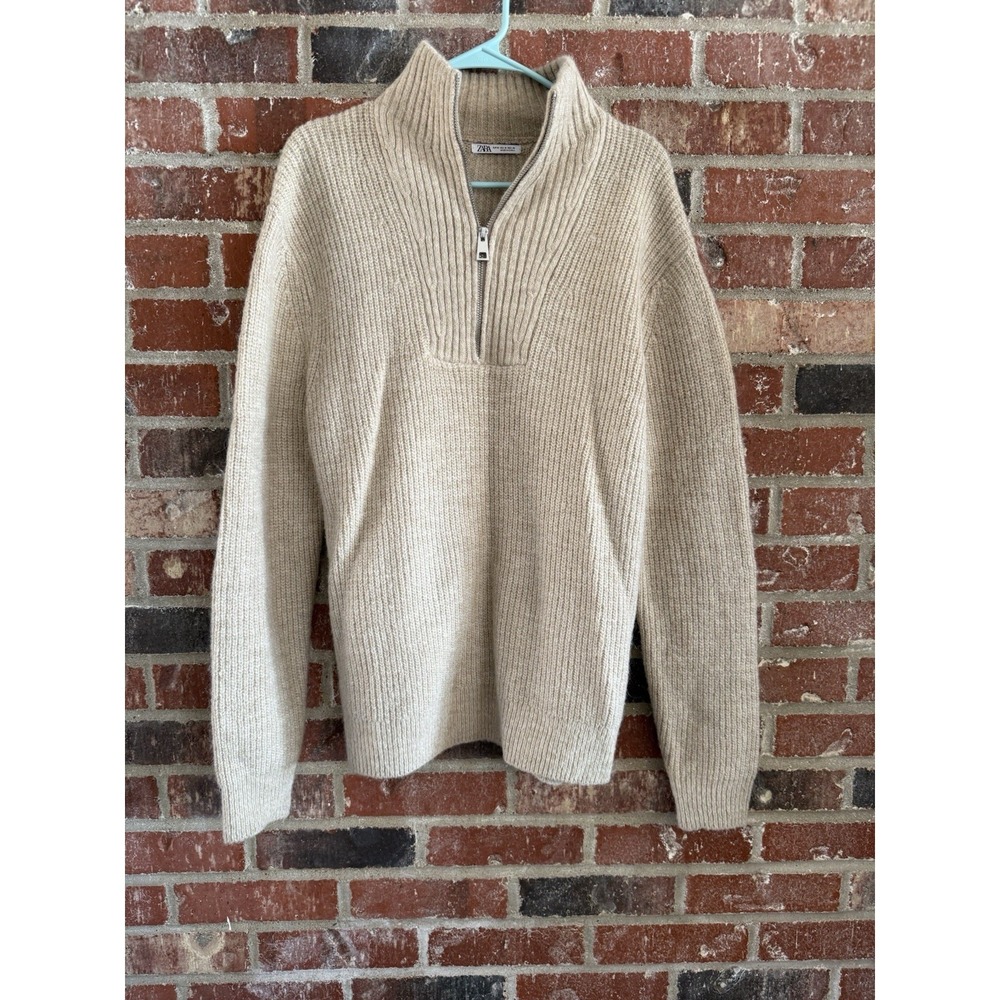 Zara Men's Beige Quarter Zip Sweater Medium Ribbed‎ Knit Pullover Grandpacore